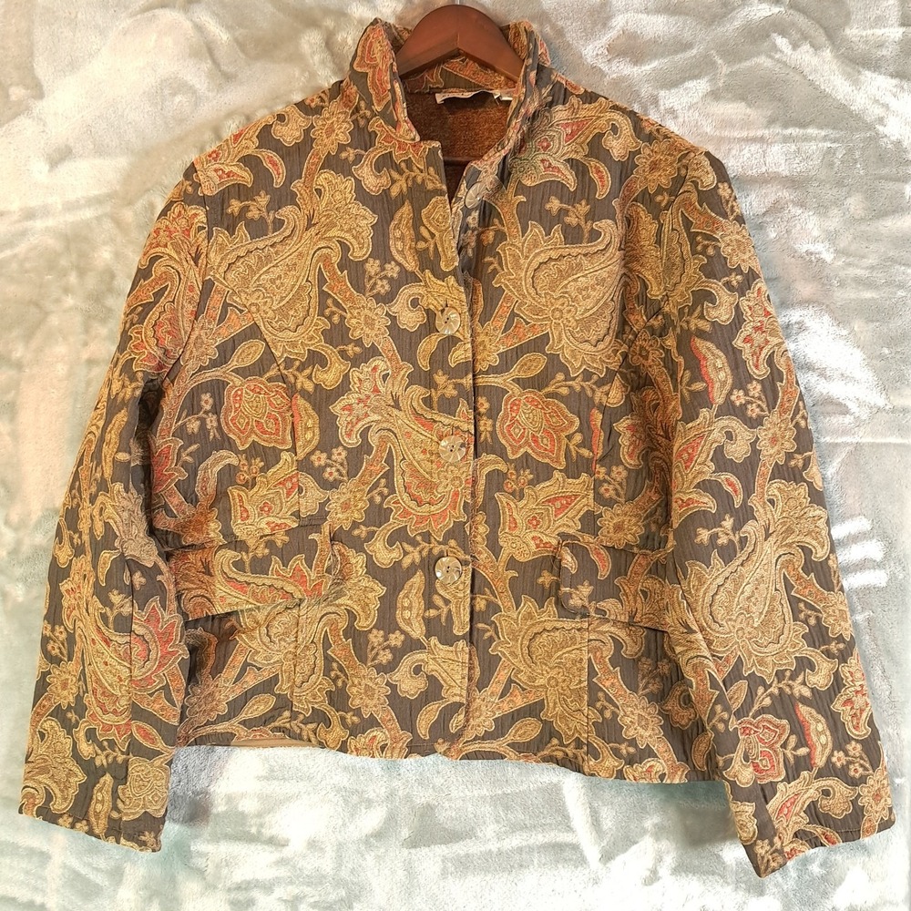 Flashback Quilted Paisley Jacket Womens 1X Brown Gold Tapestry Button Up Blazer
